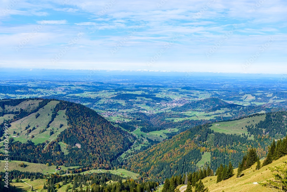 Fototapeta premium View from Hochgrat mountain nearby Oberstaufen (Bavaria, Bayern, Germany) on alps mountains in Tyrol, Austria.