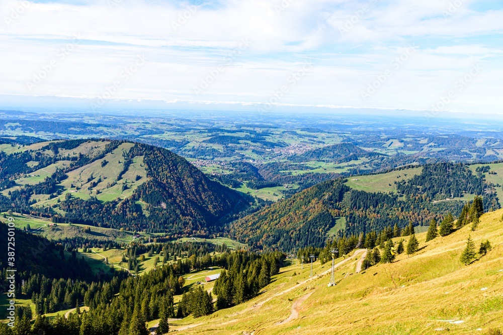 View from Hochgrat mountain nearby Oberstaufen (Bavaria, Bayern, Germany) on alps mountains in Tyrol, Austria.
