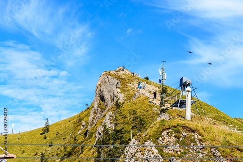 View from Hochgrat mountain nearby Oberstaufen (Bavaria, Bayern, Germany) on hochgratbahn, cable railway.