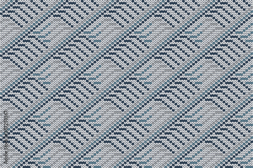 Christmas and Winter holiday knitting pattern for plaid, sweater design. Vector seamless pattern in turquoise, grey, blue colors.