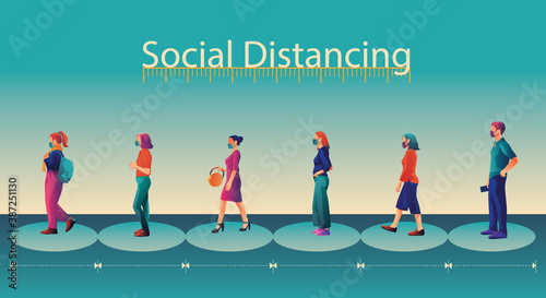 Social Distancing, People keeping distance for infection risk and disease, wearing a surgical protective Medical mask for preventing virus Covid-19 or Coronavirus novel. Health care concept.