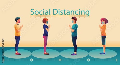 Social distancing, people keep distance and avoid physical contact, handshake or hand touch to protect from COVID-19 coronavirus spreading concept, people are using the THAILAND greeting of Sawasdee