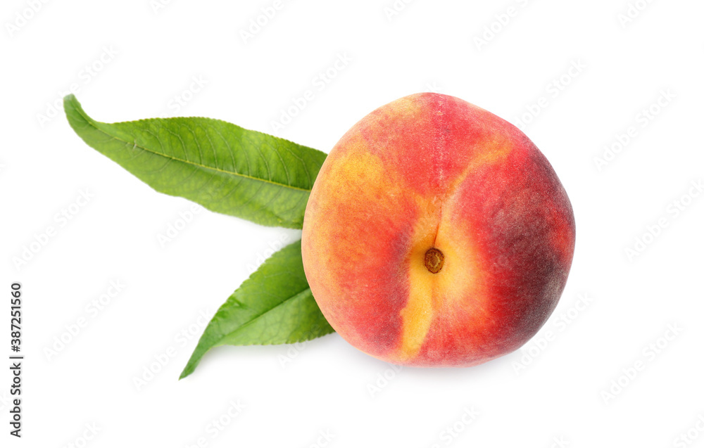 Delicious ripe juicy peach with leaves isolated on white, top view Delicious ripe juicy peach with leaves isolated on white, top view
