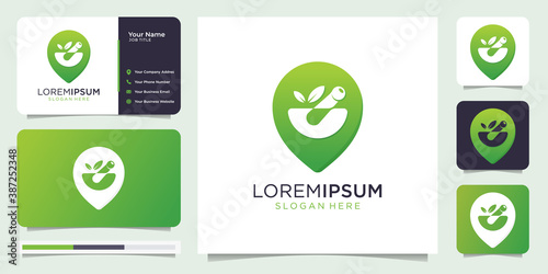 mortar pin,location logo design concept,nature,green,leaf,growth,with business card.premium vector