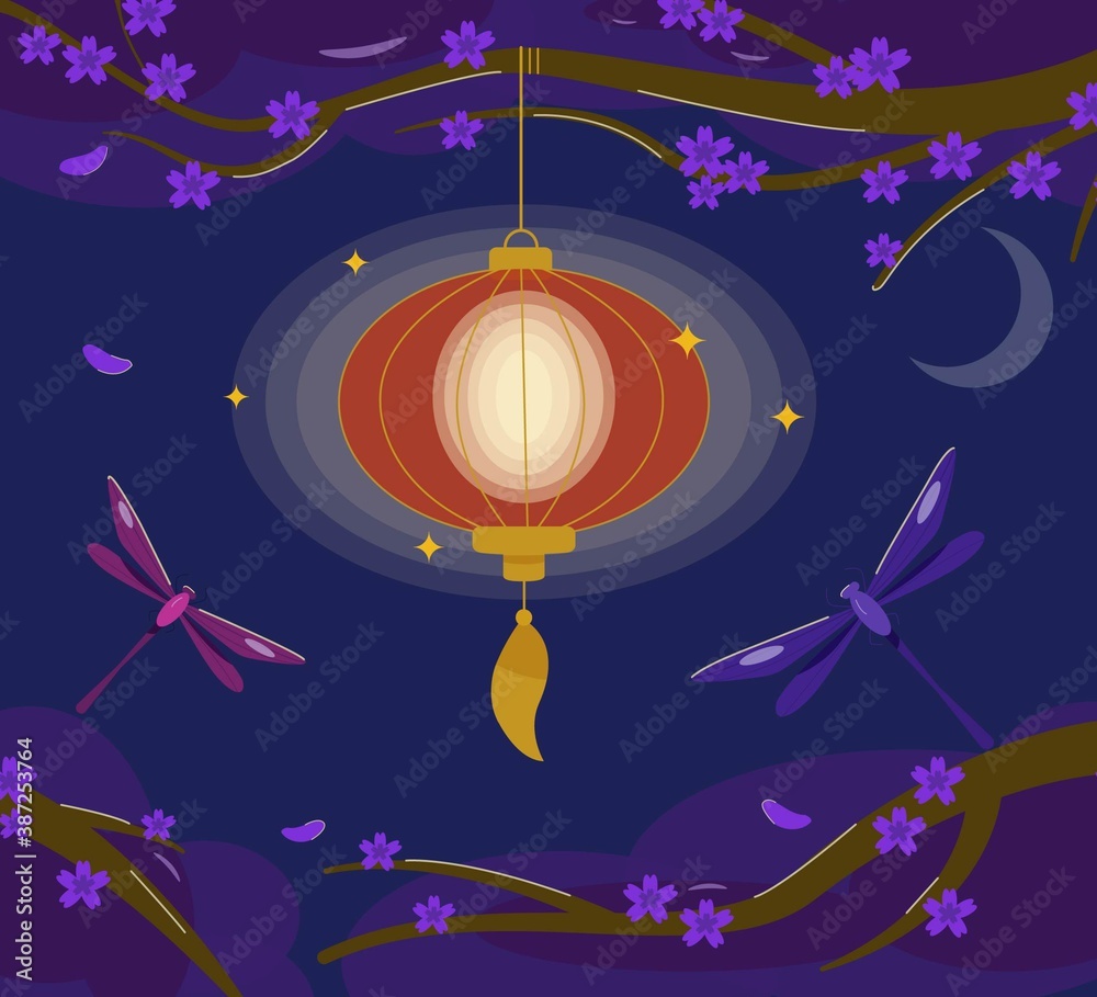 Fototapeta Chińska latarnia, drzewo z kwiatami, księżycem i ważkami