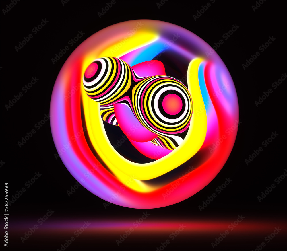 3d render with abstract art of surreal glass 3d ball or sphere with organic curve round wavy object inside with neon glowing effect in blue pink purple yellow color on isolated black background