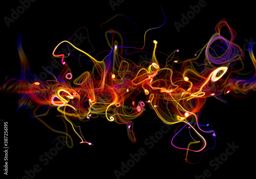 3d render of abstract art of surreal background with curve wavy spiral and twisted magic miracle fantasy concentric tungsten filament lines in yellow and purple glowing light in the dark