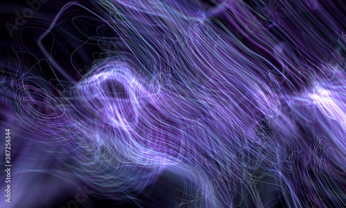 3d render of abstract art background with part of neural energy network based on glowing curve wavy connected lines with blue and purple neon glowing light energy inside in the dark