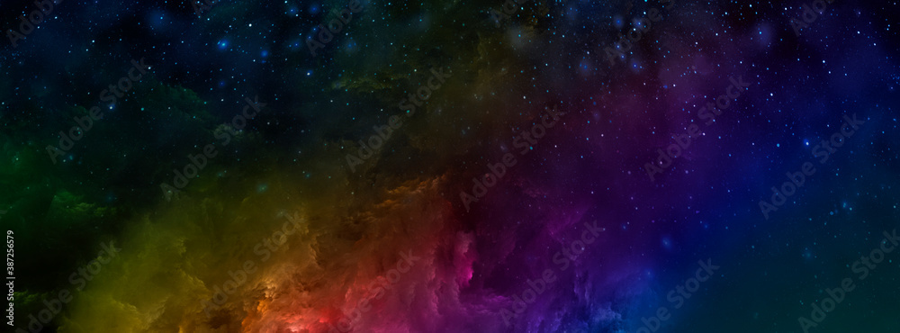 Abstract fractal illustration. Multicolored clouds of the starry sky. Banner. Used for design and creativity, for screensavers.