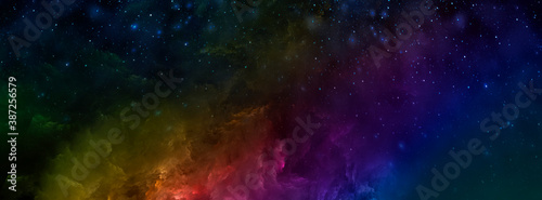 Abstract fractal illustration. Multicolored clouds of the starry sky. Banner. Used for design and creativity, for screensavers.