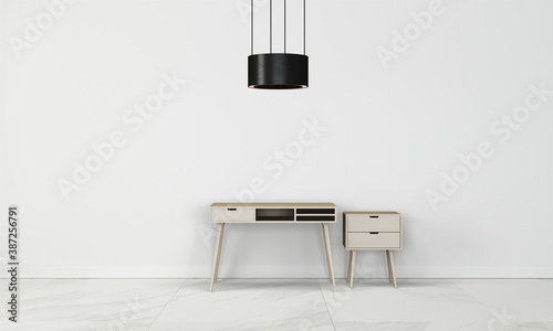 Modern workspace with desk and lamp in minimalistic interior