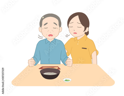 お粥を嫌がる高齢男性　困る女性介護士(線無し)