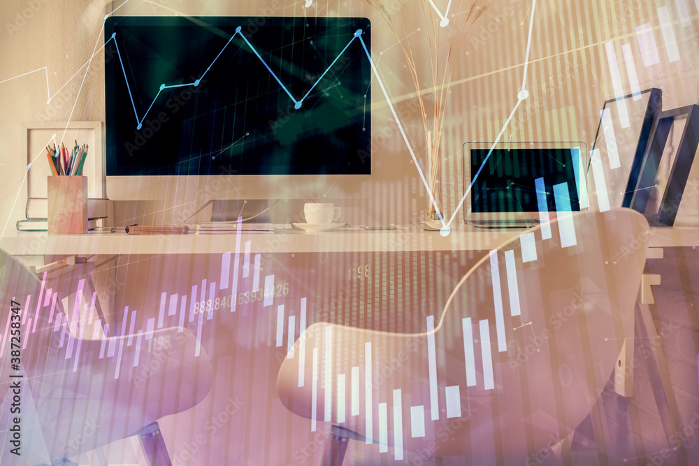 Double exposure of stock market graph drawing and office interior background. Concept of financial analysis. Double exposure of stock market graph drawing and office interior background. Concept of financial analysis.
