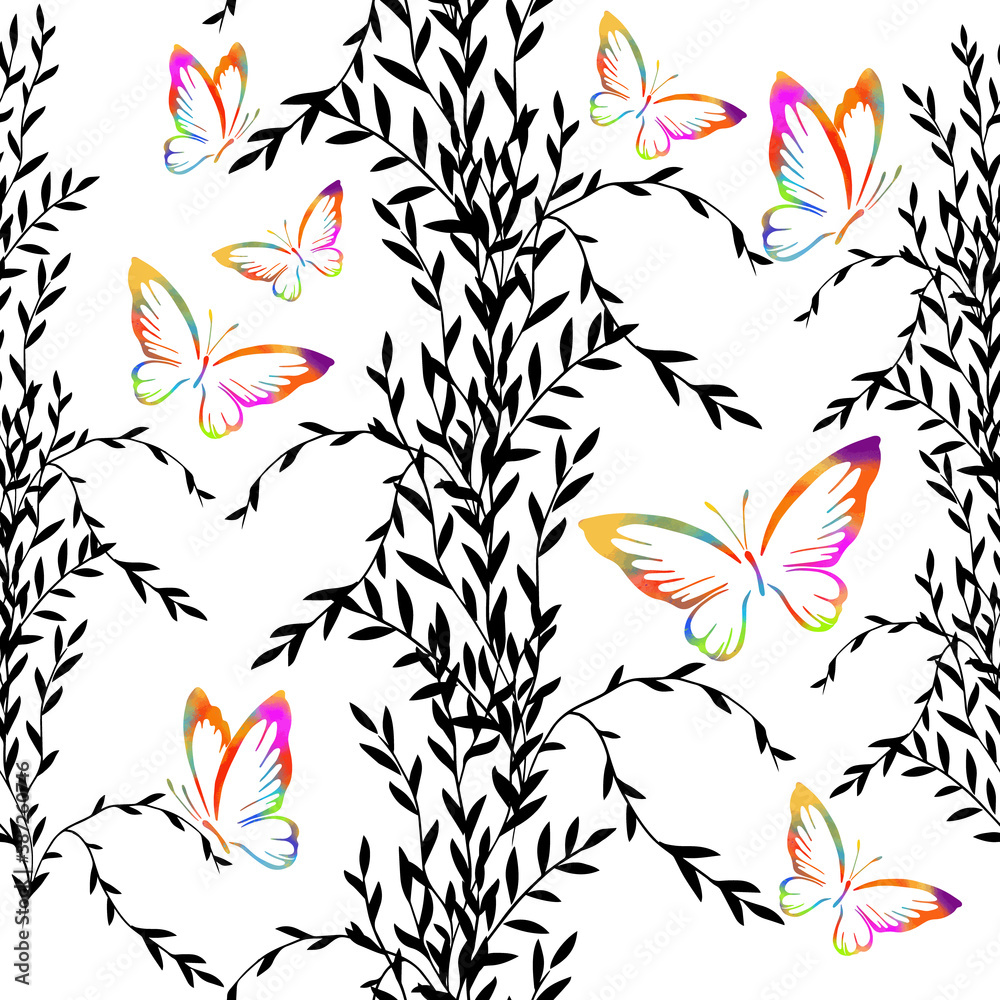 Fototapeta premium Seamless monochrome floral background with multicolored butterflies. Vector illustration