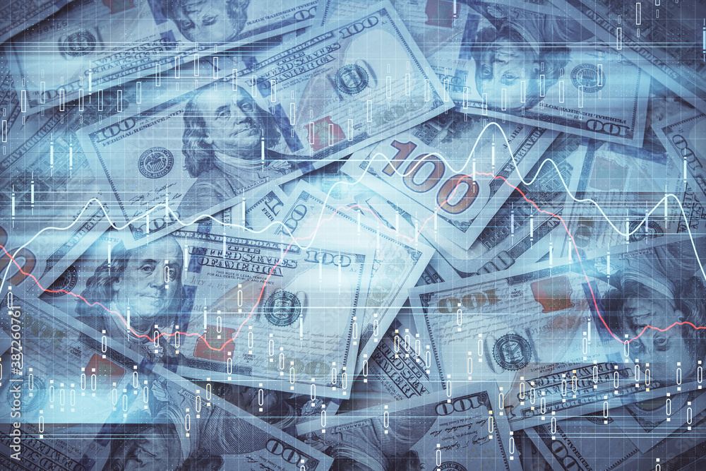 Double exposure of forex graph drawing over us dollars bill background. Concept of financial markets. Double exposure of forex graph drawing over us dollars bill background. Concept of financial markets.