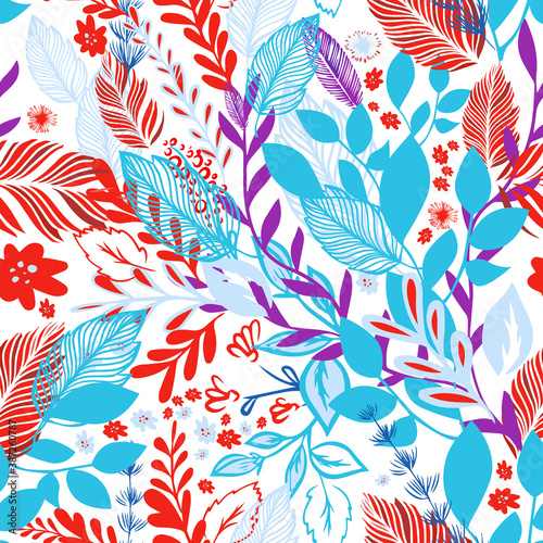 A seamless background with red and blue flowers and leaves. Vector illustration