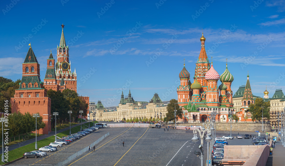 Red Square, view of the Cathedral of St. Basil the Blessed and the Kremlin Spasskaya Tower, view from Vasilyevsky Spusk, Moscow, Russia Red Square, view of the Cathedral of St. Basil the Blessed and the Kremlin Spasskaya Tower, view from Vasilyevsky Spusk, Moscow, Russia