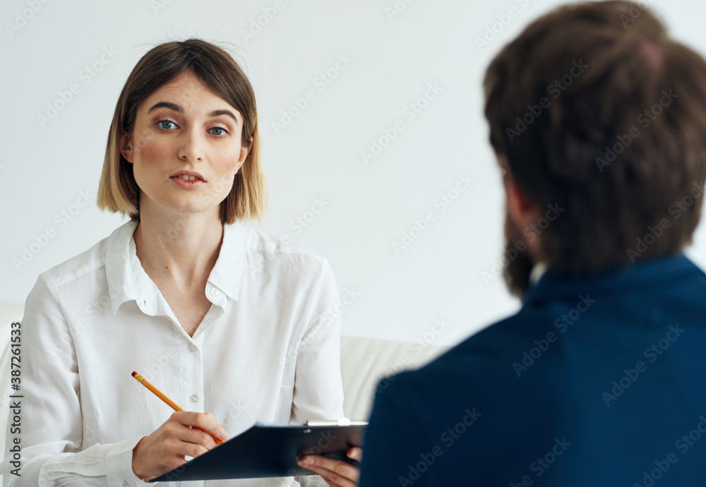 woman and man suit documents communication people resume woman and man suit documents communication people resume