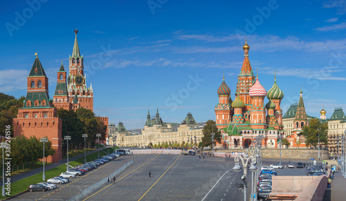 Red Square, view of the Cathedral of St. Basil the Blessed and the Kremlin Spasskaya Tower, view from Vasilyevsky Spusk, Moscow, Russia