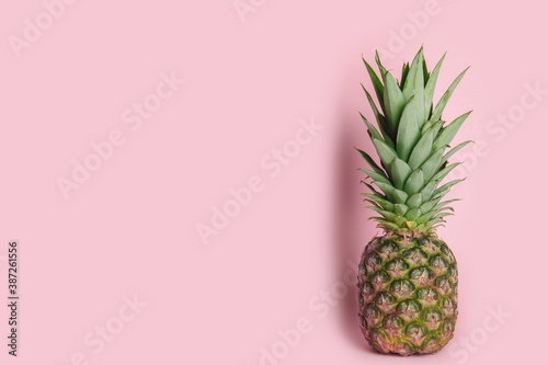 Ripe juicy pineapple on pink background. Space for text