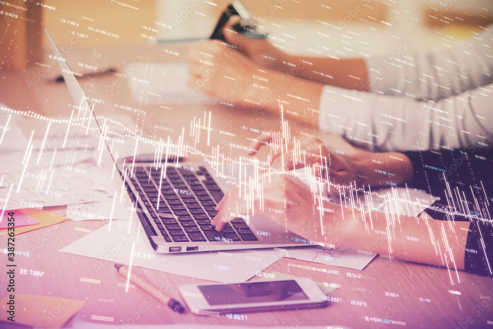 Multi exposure of woman hands typing on computer and financial chart hologram drawing. Stock market analysis concept. Multi exposure of woman hands typing on computer and financial chart hologram drawing. Stock market analysis concept.