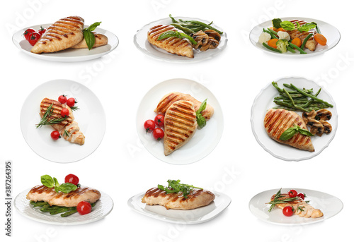 Set of grilled chicken breasts on white background