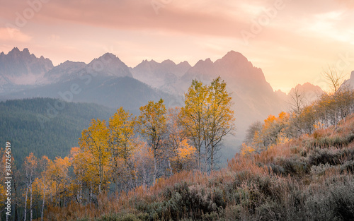 Sawtooth mountains of Idaho in the fall in the evening light. photo