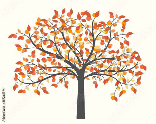Autumn tree with red leaves and orange fruit