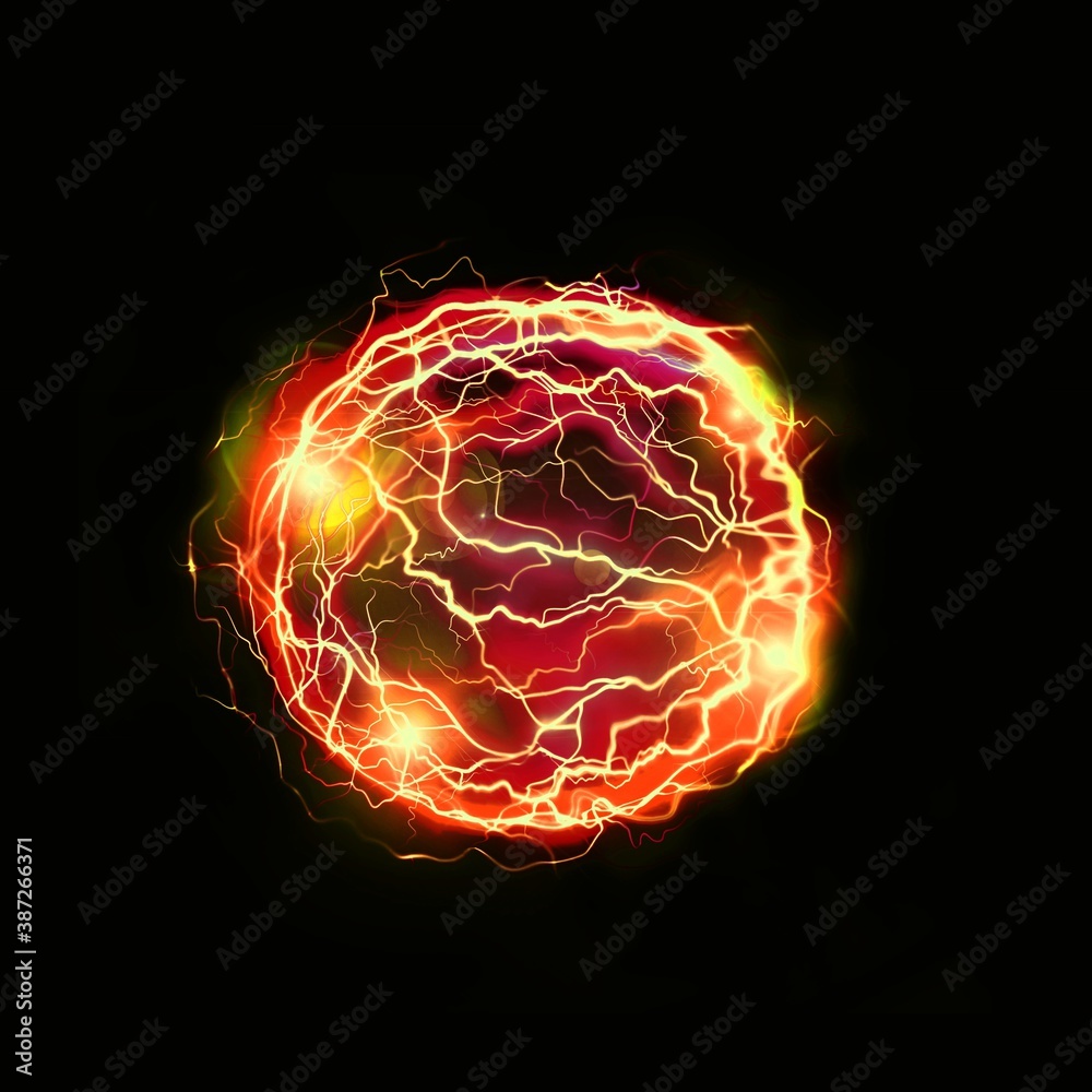 Yellow Orange Lightnings Plasma Fire Ball isolated on black background