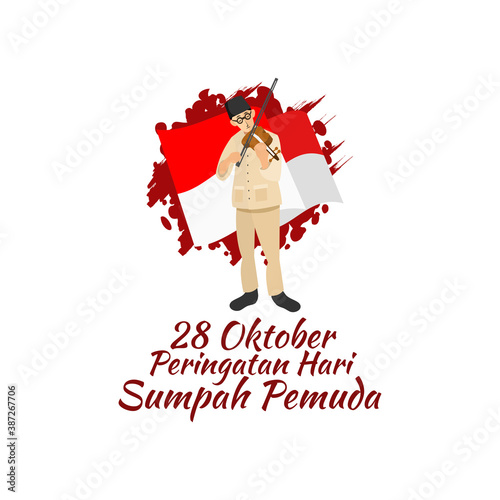 Translation: October 28, Youth Pledge remembrance day. Happy Youth Pledge (Sumpah Pemuda) with violin musician who plays the national anthem of Indonesia vector illustration. 