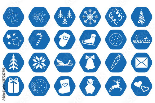 Winter blue icons on white. Christmas and New Year symbols and signs. Set of festive buttons for decoration and design.