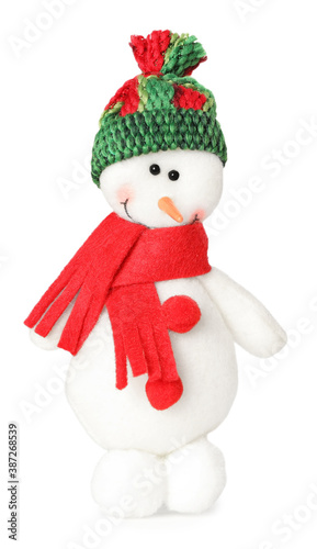 Cute small snowman toy isolated on white. Christmas decoration