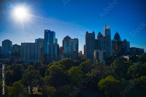 Panoramic aerial view of Atlanta skyline and Piedmont park spring sunset 
