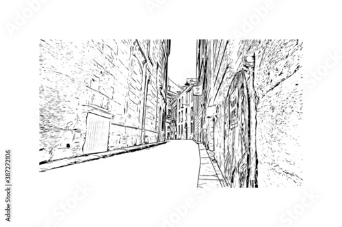 Building view with landmark of Bordeaux is a port city on the Garonne in the Gironde department in Southwestern France. Hand drawn sketch illustration in vector.