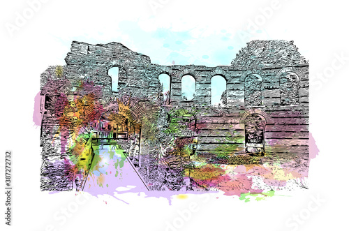 Building view with landmark of Bordeaux is a port city on the Garonne in the Gironde department in Southwestern France. Watercolor splash with hand drawn sketch illustration in vector.