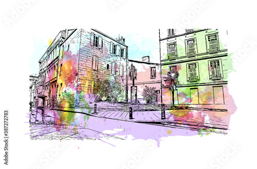Building view with landmark of Bordeaux is a port city on the Garonne in the Gironde department in Southwestern France. Watercolor splash with hand drawn sketch illustration in vector.