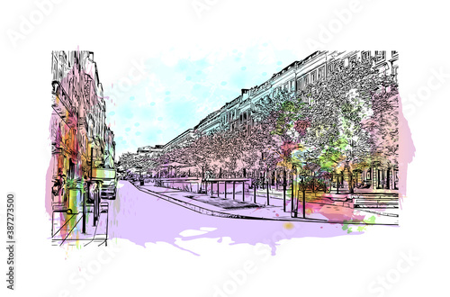 Building view with landmark of Bordeaux is a port city on the Garonne in the Gironde department in Southwestern France. Watercolor splash with hand drawn sketch illustration in vector.