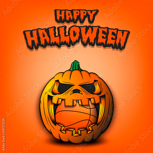 Happy Halloween. Basketball ball inside frightening pumpkin. The pumpkin swallowed the ball with burning eyes. Design template for banner, poster, greeting card, party invitation. Vector illustration