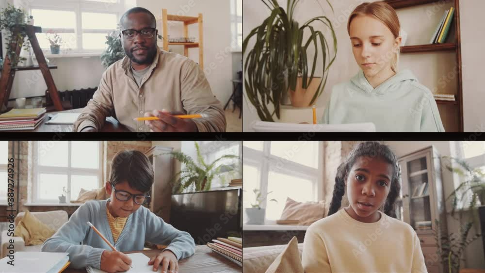 Group video call interface of Afro-American male teacher giving online ...
