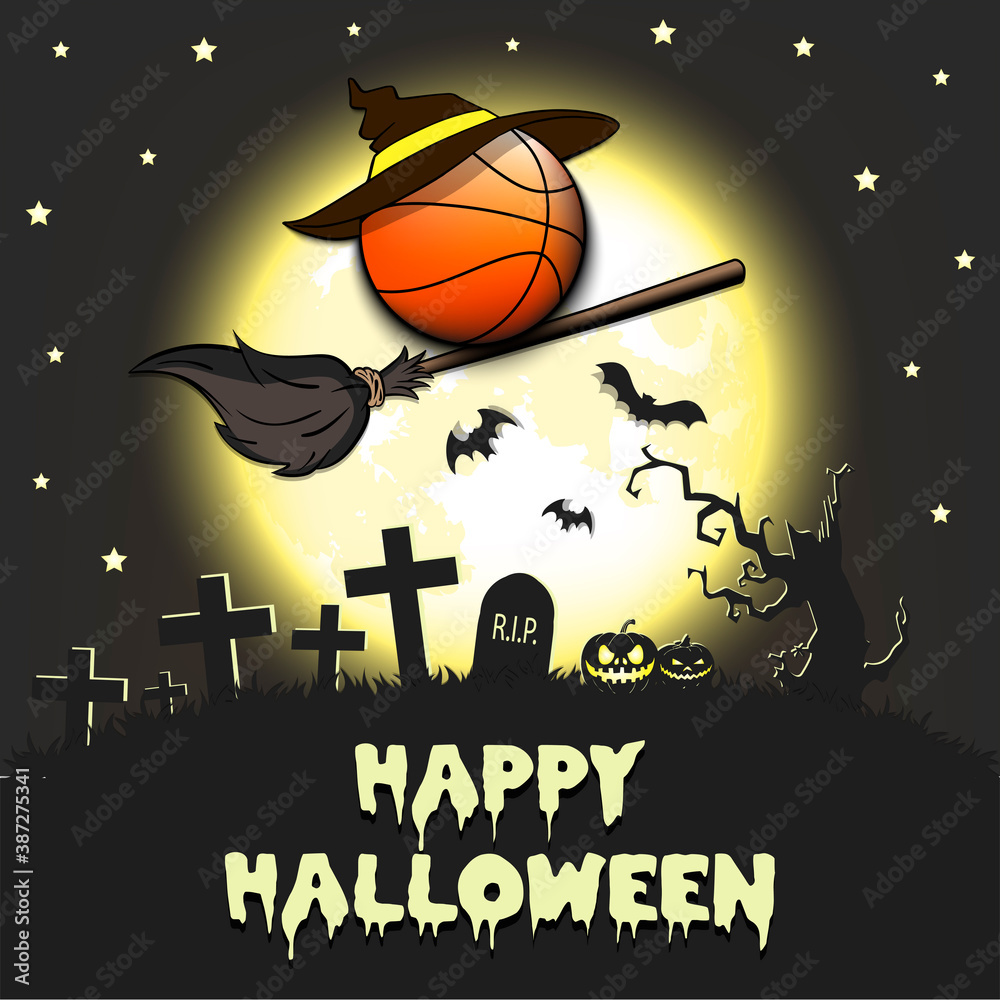 Happy Halloween. Basketball ball with witch hat on a broomstick against the  background of the moon. Pattern for banner, poster, greeting card, flyer,  party invitation. Vector illustration Stock Vector | Adobe Stock