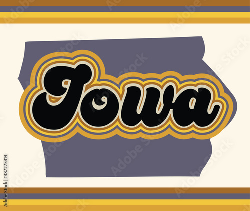 Iowa state map and lettering text with a 70s vintage stylized aesthetic typography, in muted rainbow colors
