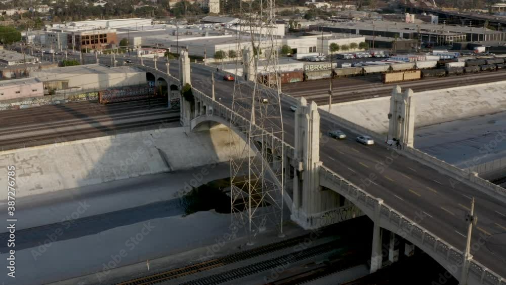 Industrial District Concept - 4th Street Bridge in Los Angeles City Area. Static Aerial Overhead View Industrial District Concept - 4th Street Bridge in Los Angeles City Area. Static Aerial Overhead View