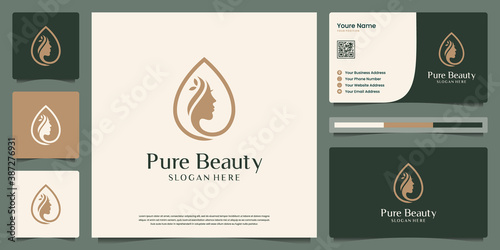 Beauty women face combine droplets logo design and business card. Symbol for beauty salon, spa.