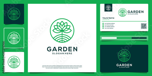Flower abstract outline Logo design. Organic Nature Garden logo and business card.