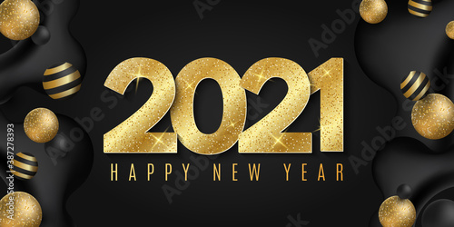 Elegant greeting card for 2021 new year. Poster for festive christmas event. Liquid dynamic shapes with glittering volumetric balls. Fluid design. Vector illustration