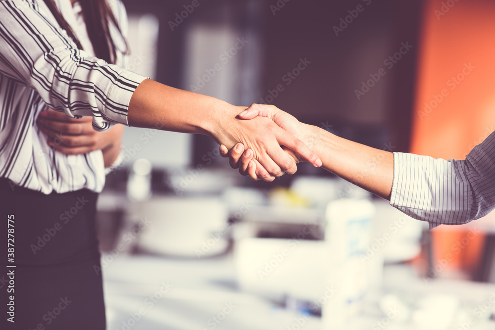 Businessman and businesswoman shaking hands above desk