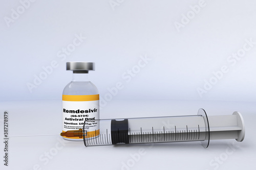 3D RENDER with a syringe and a container bottle antiviral drug remdesivir GS-5734 in the treatment of coronavirus disease 2019 COVID-19. photo