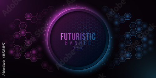 Futuristic banner and glowing hexagonal pattern. System data. High-tech panel. Glowing sci-fi elements with blue and purple light effect. Honeycomb cyber background. Vector illustration