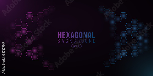 Futuristic hexagonal cyber background for high-tech project. Glowing blue and purple sci-fi pattern with light effect. Blue honeycomb for scientific design. Vector illustration