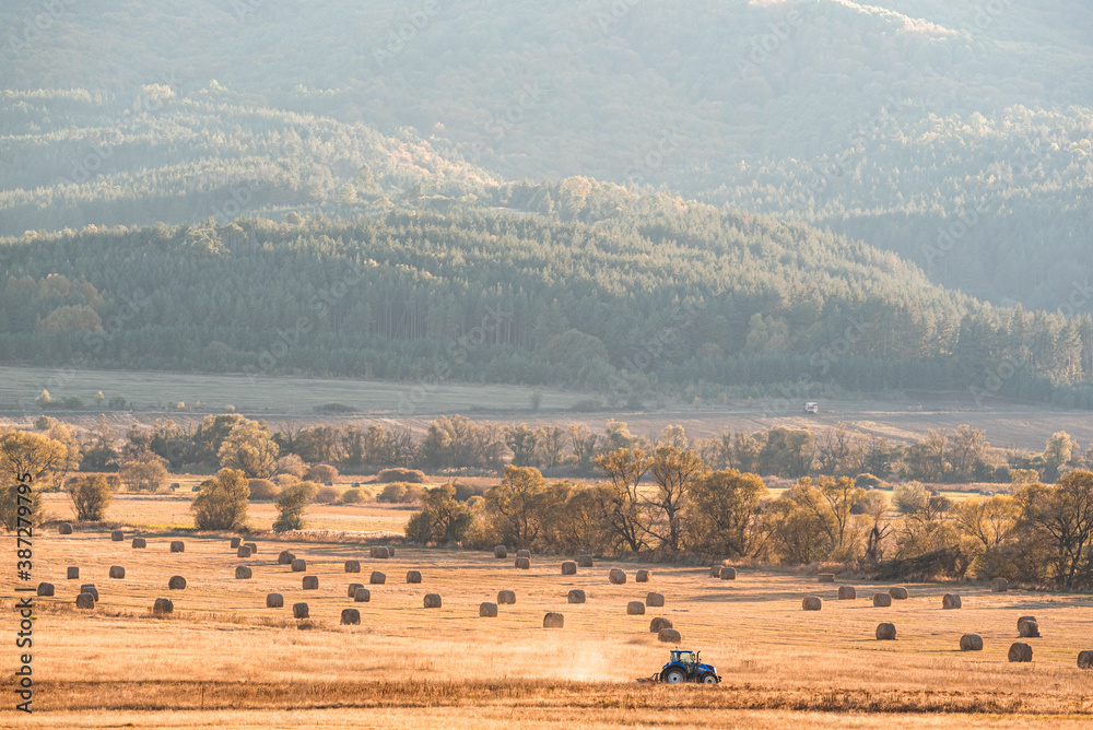 Fototapeta premium Lonely tractor harvest hay field crop stubble golden yellow orange autumn mountain background massive bulgaria technology machine agriculture